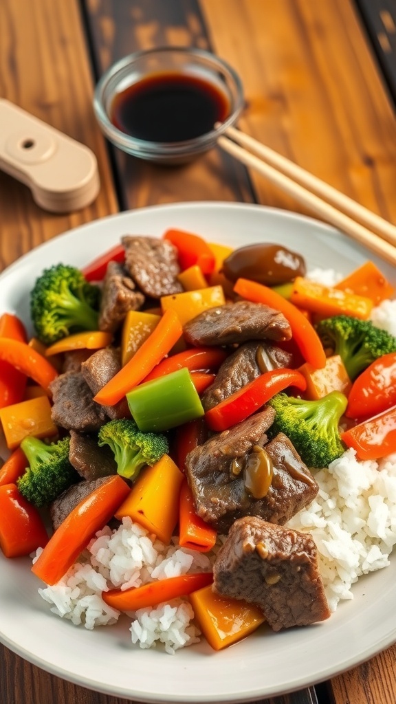 A colorful beef and vegetable stir-fry with rice, featuring bell peppers, broccoli, and carrots on a rustic table.